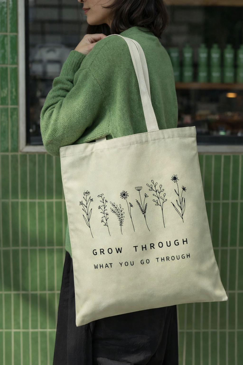 Grow Through What You Go Through Canvas Tote Bag – Minimal Floral Motivational Reusable Shoulder Bag