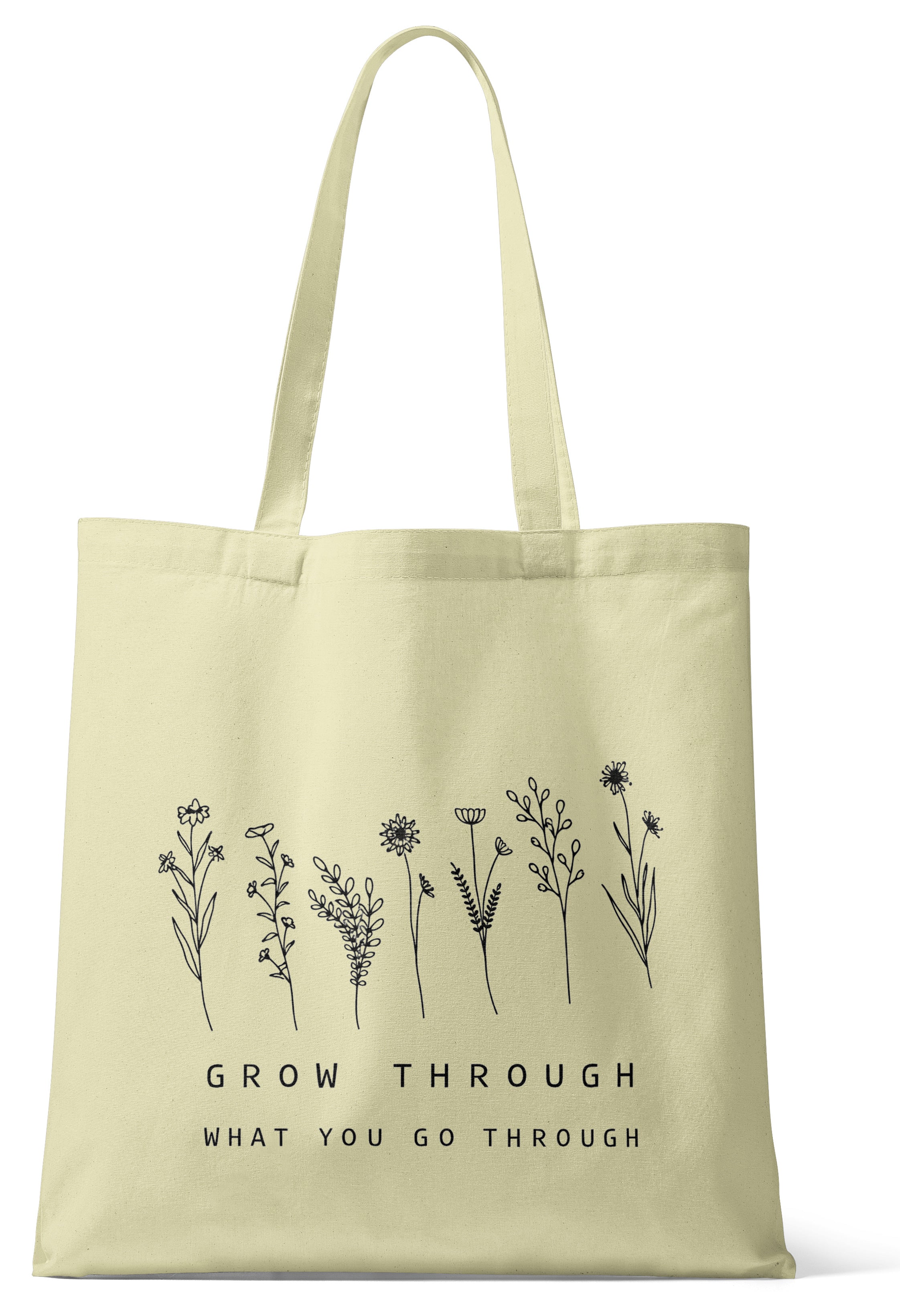 Grow Through What You Go Through Canvas Tote Bag – Minimal Floral Motivational Reusable Shoulder Bag
