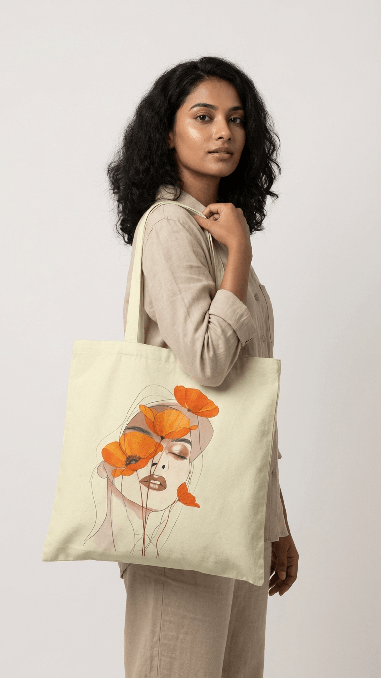 Amber Poppy Muse Canvas Tote Bag – Artistic Floral Woman Reusable Shoulder Bag - teverse