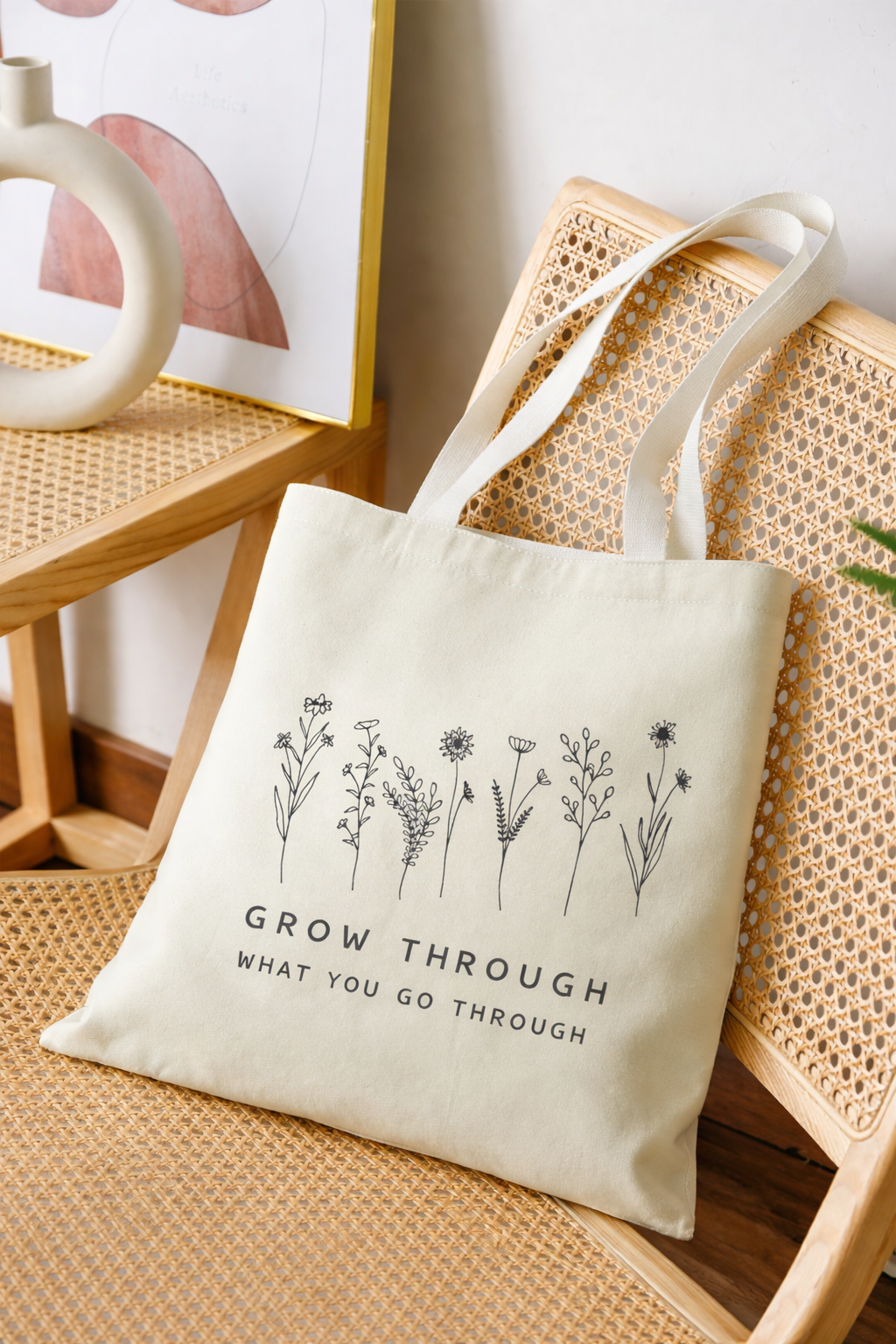 Grow Through What You Go Through Canvas Tote Bag – Minimal Floral Motivational Reusable Shoulder Bag